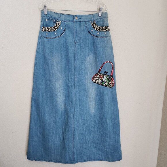 Vintage Y2K Denim Maxi Skirt Appliqué Patchwork Purse Leopard Long‎ Sz 30 - Picture 15 of 15